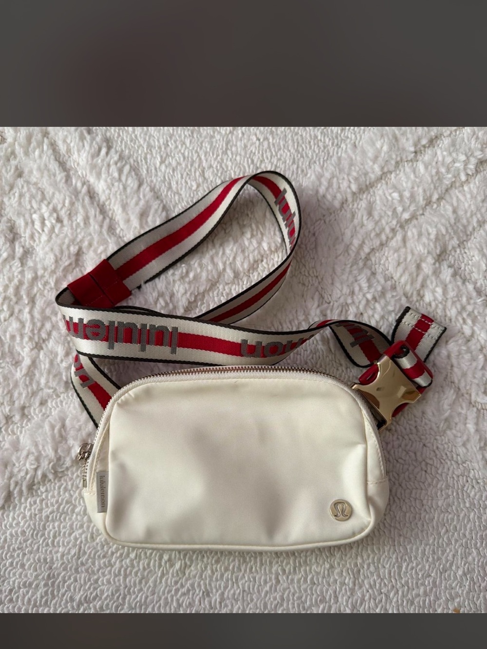 lululemon athletica Cream Crossbody Belt Bag with Red-Striped Strap